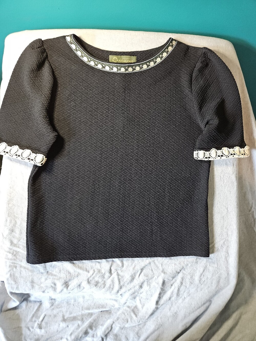 Axes Femme Petrouchka Black Jacquard Lace Trim Puff Sleeve Top - Small